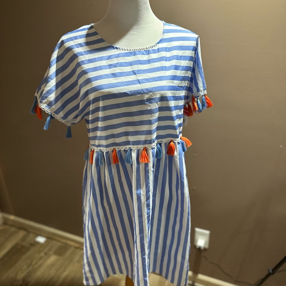 Blue and White Striped Dress with Orange Tassels